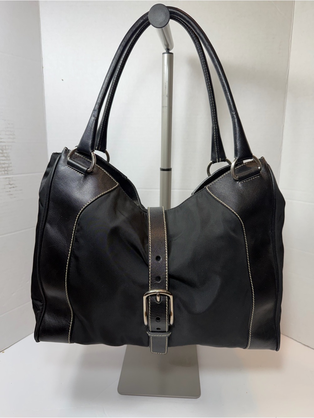 Prada Leather/Nylon Buckled Satchel Tote Bag